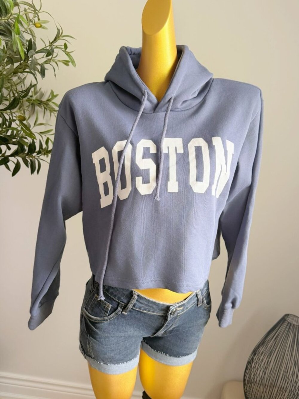 Boston Dusty Blue Cropped Graphic Hoodie Size M
